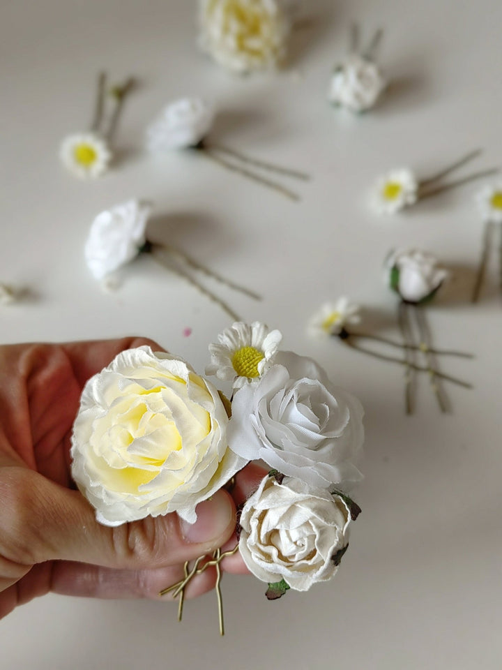 Boho Flower Hairpins: Rose & Peony Bridal Hair Accessories (Set of 13) – handmade floral hair accessory by magaela