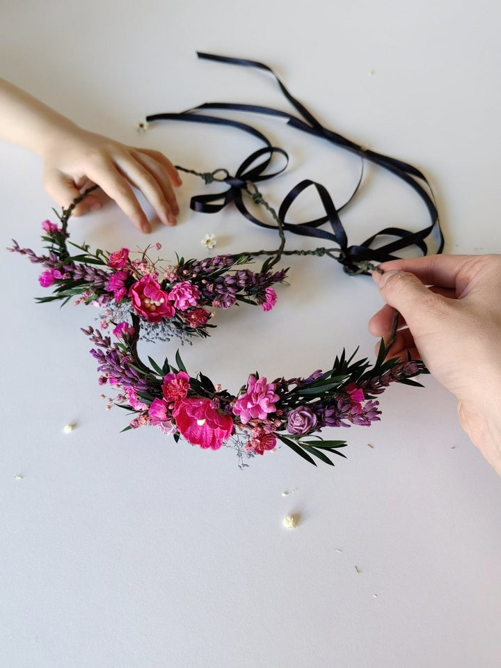 Mother & Daughter Magenta Flower Hair Wreath Set: Matching Floral Crowns – handmade floral hair accessory by magaela