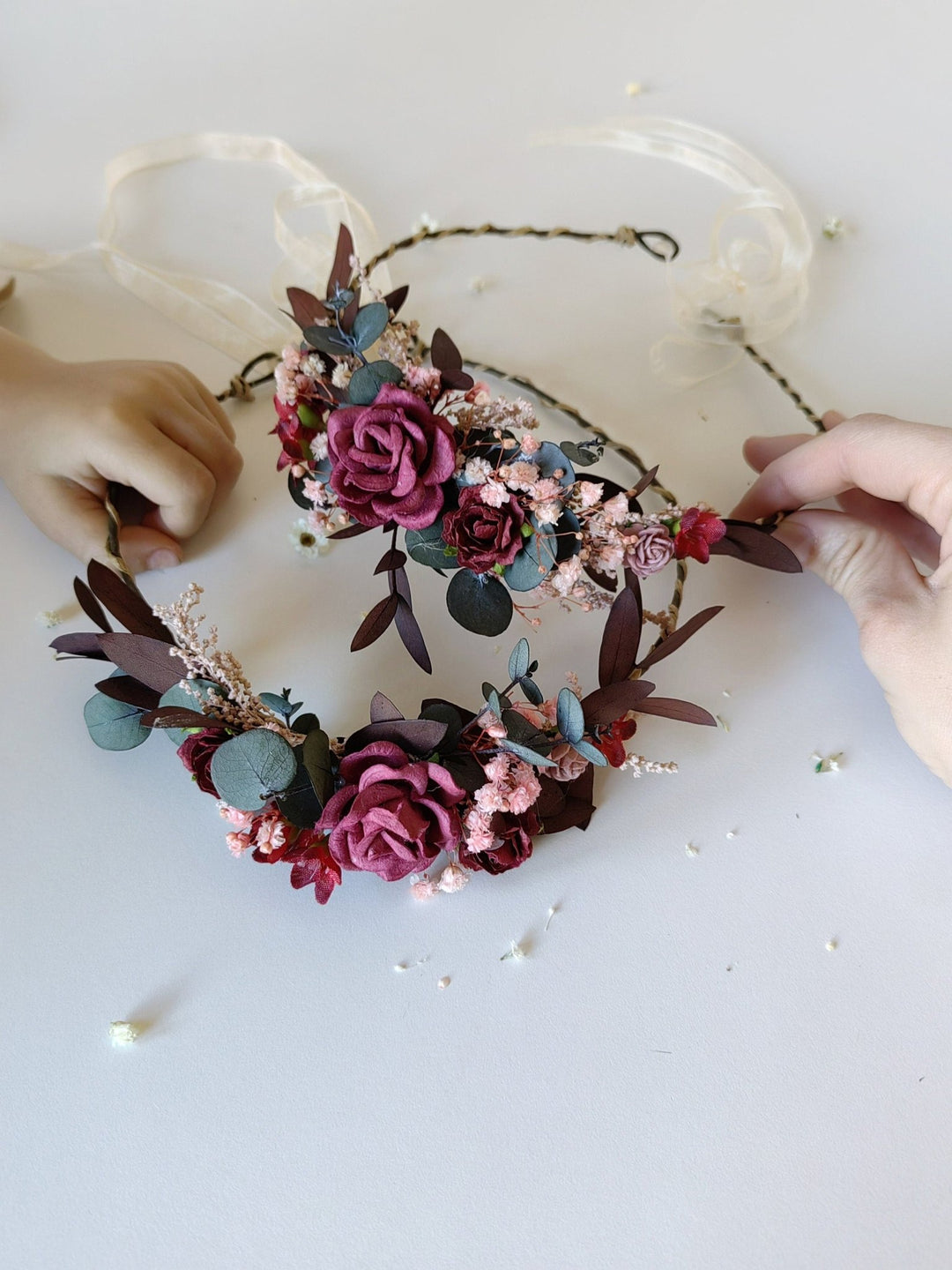 Burgundy Flower Hair Wreaths: Rustic Wedding Eucalyptus Crown Set – handmade floral hair accessory by magaela