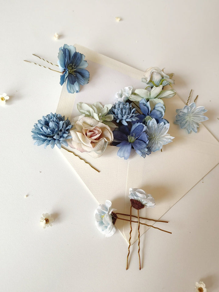 Blue Flower Hairpins: Boho Wedding Hair Accessories, Set of 14 – handmade floral hair accessory by magaela