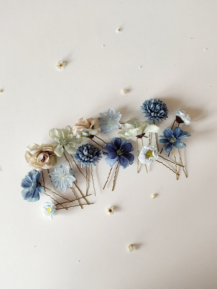 Blue Flower Hairpins: Boho Wedding Hair Accessories, Set of 14 – handmade floral hair accessory by magaela
