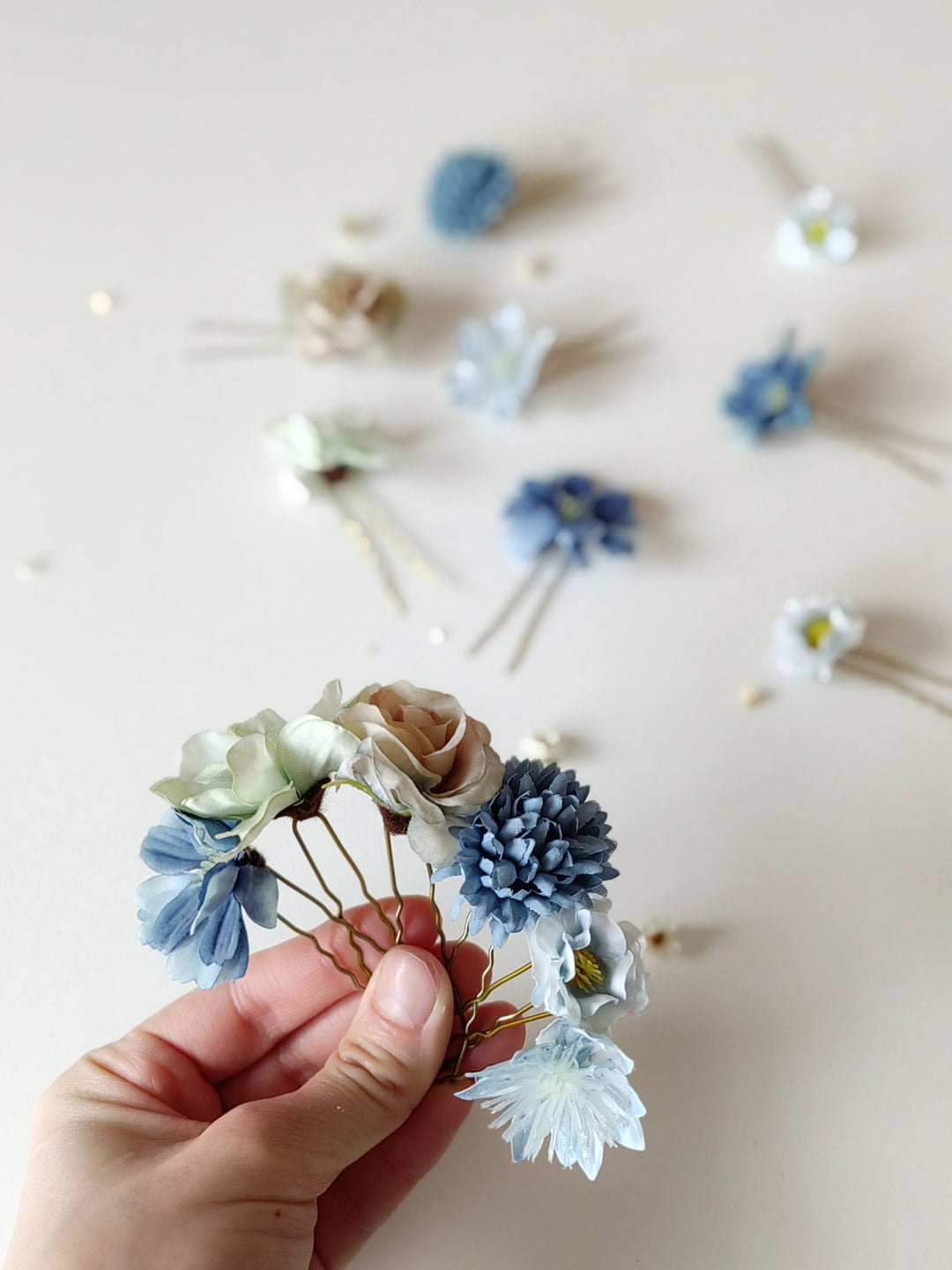 Blue Flower Hairpins: Boho Wedding Hair Accessories, Set of 14 – handmade floral hair accessory by magaela
