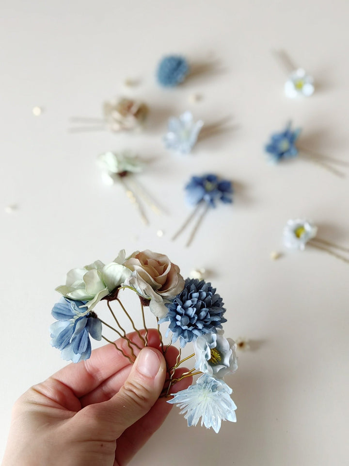 Blue Flower Hairpins: Boho Wedding Hair Accessories, Set of 14 – handmade floral hair accessory by magaela