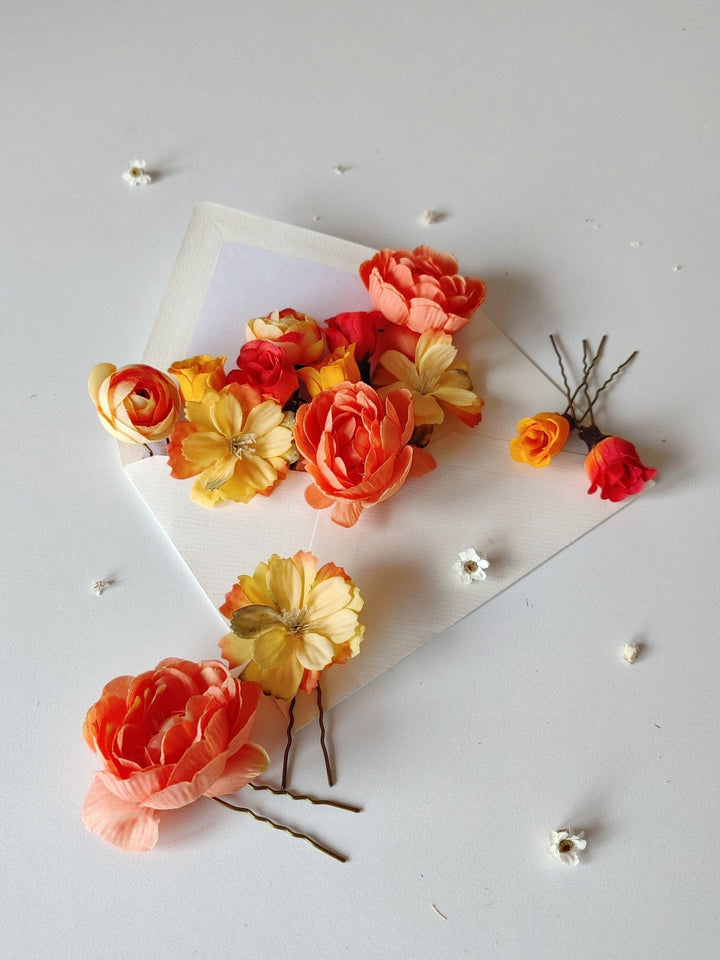 Orange & Yellow Flower Hair Pins: Boho Bridal Hair Accessory Set – handmade floral hair accessory by magaela