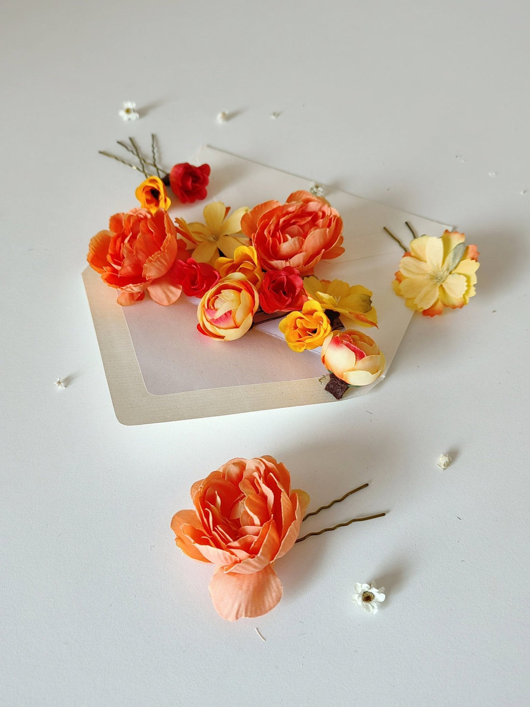 Orange & Yellow Flower Hair Pins: Boho Bridal Hair Accessory Set – handmade floral hair accessory by magaela