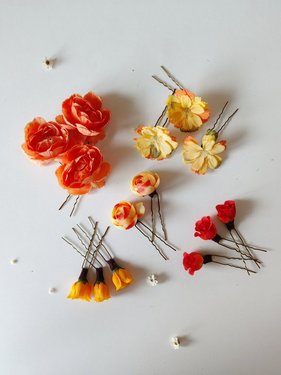 Orange & Yellow Flower Hair Pins: Boho Bridal Hair Accessory Set – handmade floral hair accessory by magaela