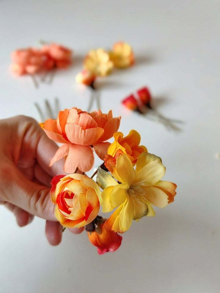 Orange & Yellow Flower Hair Pins: Boho Bridal Hair Accessory Set – handmade floral hair accessory by magaela