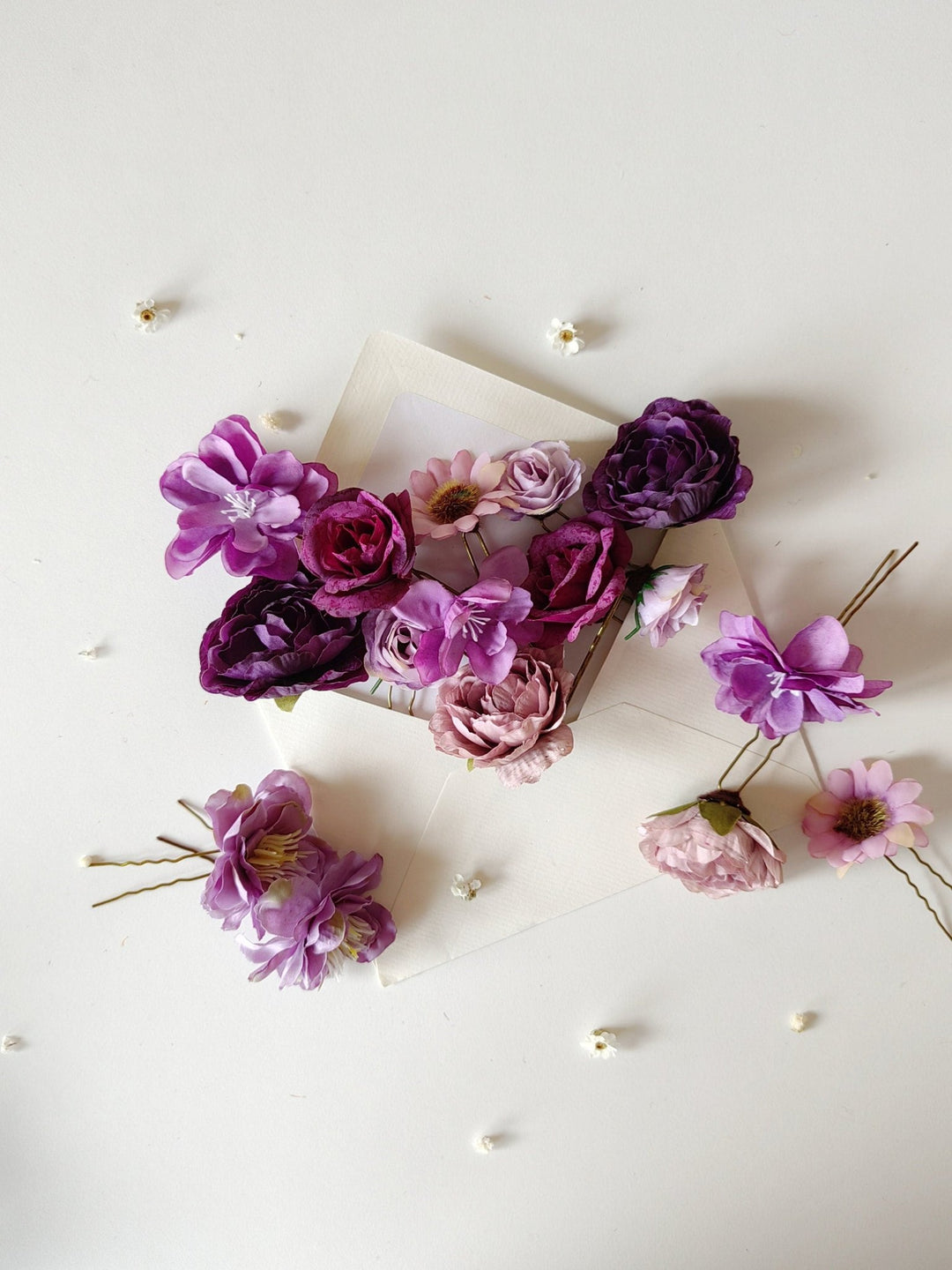 Purple Flower Hairpins: Boho Wedding Hair Accessory Set – handmade floral hair accessory by magaela