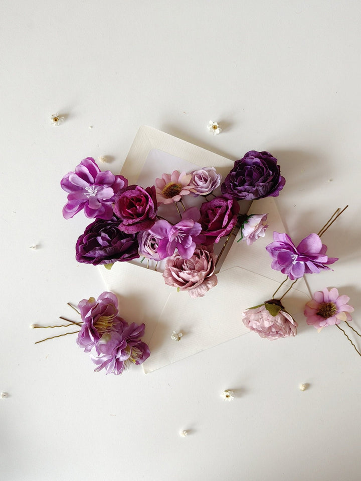 Purple Flower Hairpins: Boho Wedding Hair Accessory Set – handmade floral hair accessory by magaela