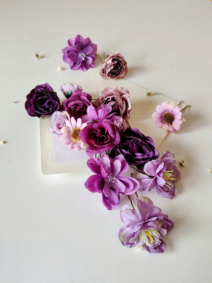 Purple Flower Hairpins: Boho Wedding Hair Accessory Set – handmade floral hair accessory by magaela