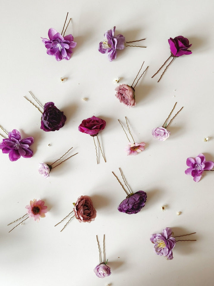 Purple Flower Hairpins: Boho Wedding Hair Accessory Set – handmade floral hair accessory by magaela