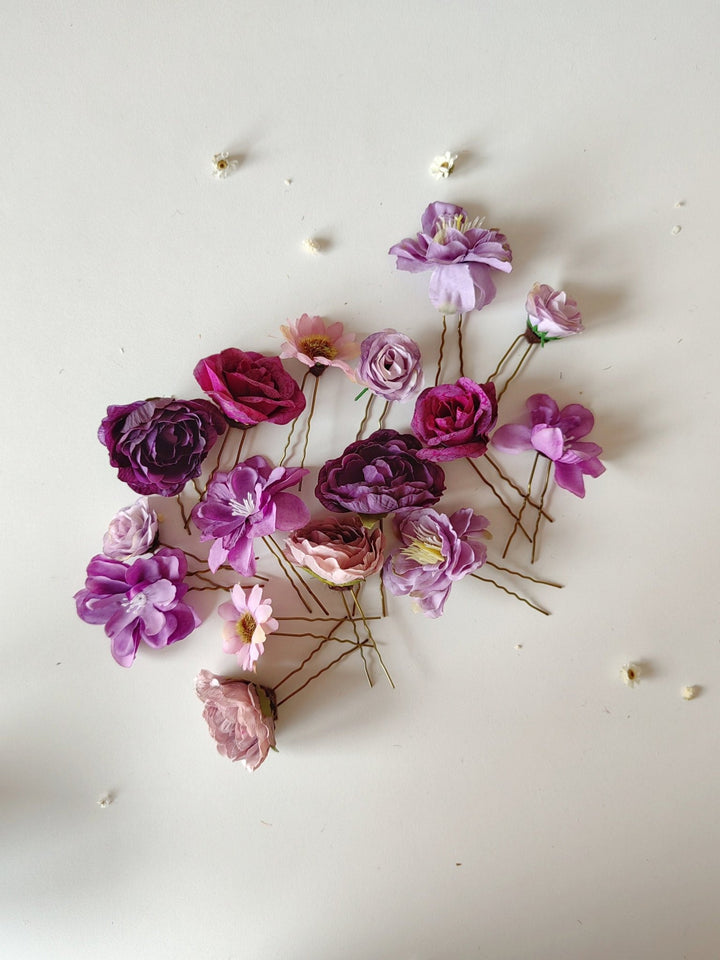 Purple Flower Hairpins: Boho Wedding Hair Accessory Set – handmade floral hair accessory by magaela