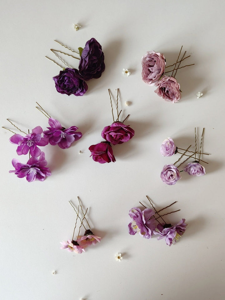 Purple Flower Hairpins: Boho Wedding Hair Accessory Set – handmade floral hair accessory by magaela