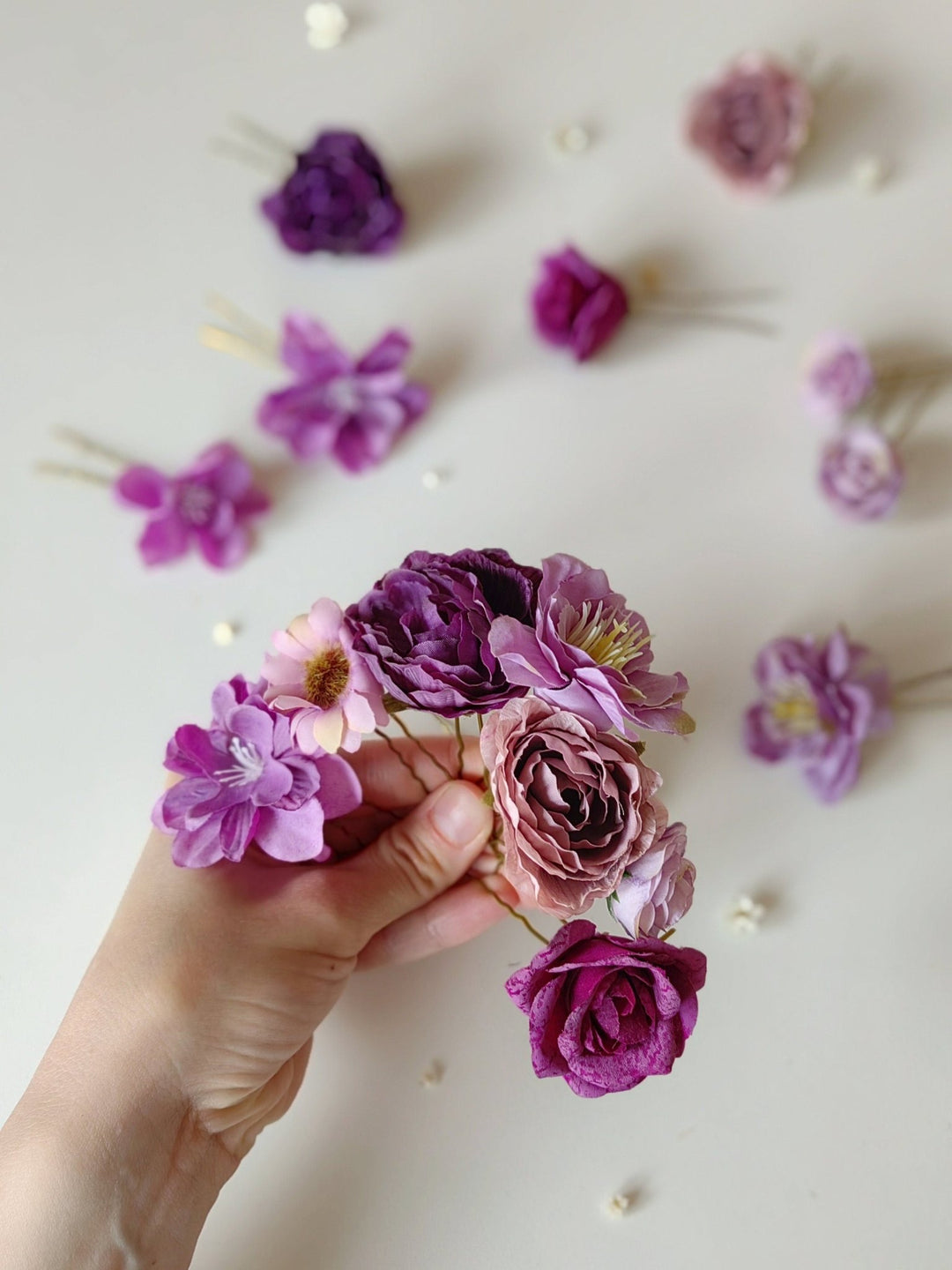 Purple Flower Hairpins: Boho Wedding Hair Accessory Set – handmade floral hair accessory by magaela