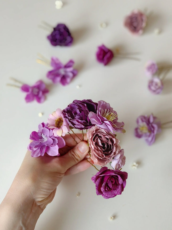 Purple Flower Hairpins: Boho Wedding Hair Accessory Set – handmade floral hair accessory by magaela
