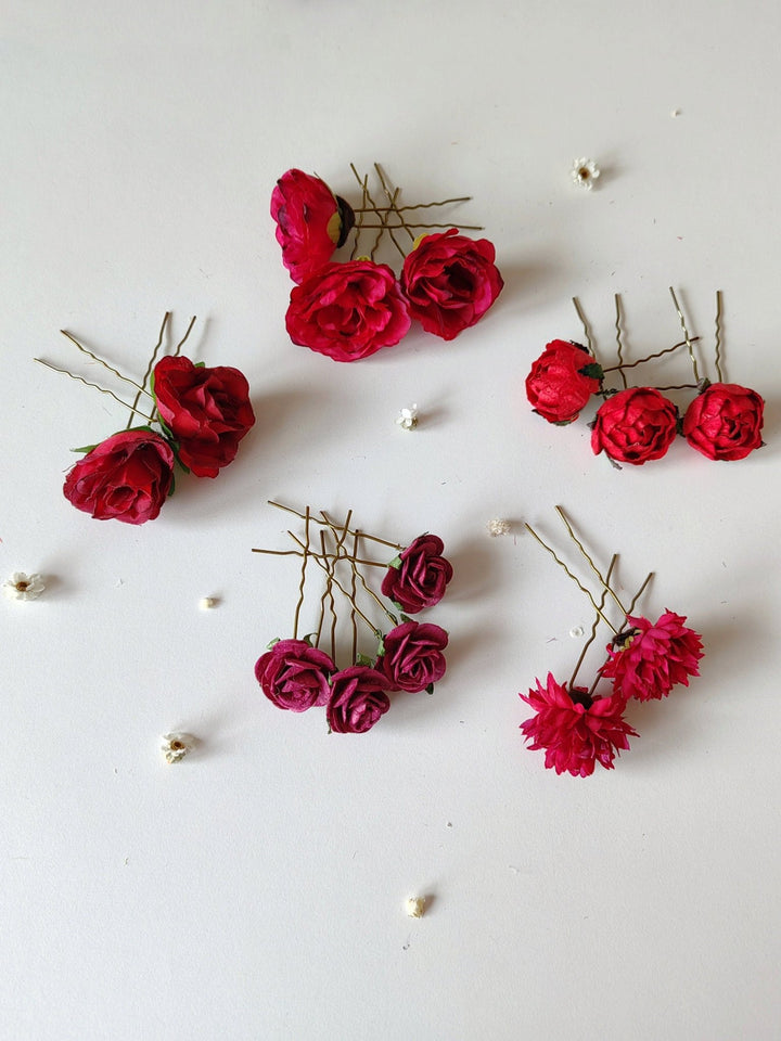 Red Burgundy Flower Hair Pins: Autumn Wedding Bridal Hair Accessories – handmade floral hair accessory by magaela