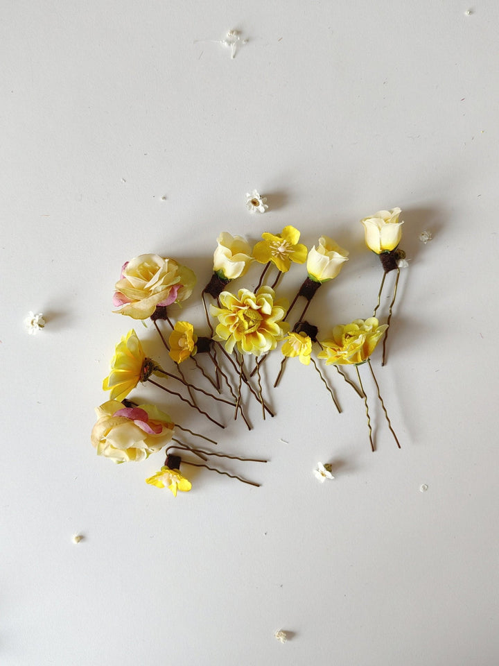 Yellow Flower Hair Pins: Spring Wedding Bridal Hair Accessories – handmade floral hair accessory by magaela