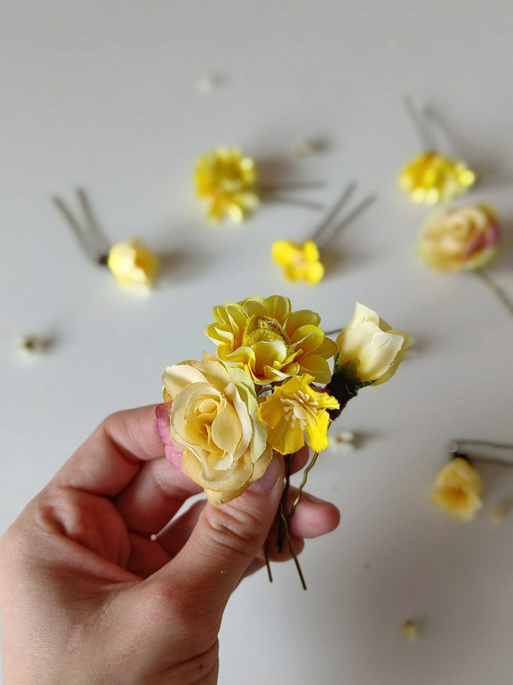 Yellow Flower Hair Pins: Spring Wedding Bridal Hair Accessories – handmade floral hair accessory by magaela