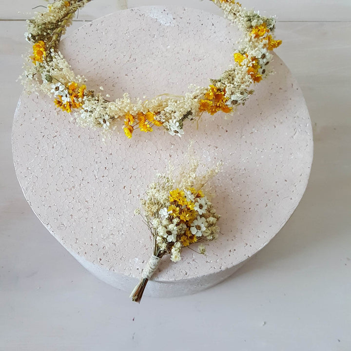 Yellow Ivory Flower Crown: Bridal Dried Floral Headpiece – handmade floral hair accessory by magaela