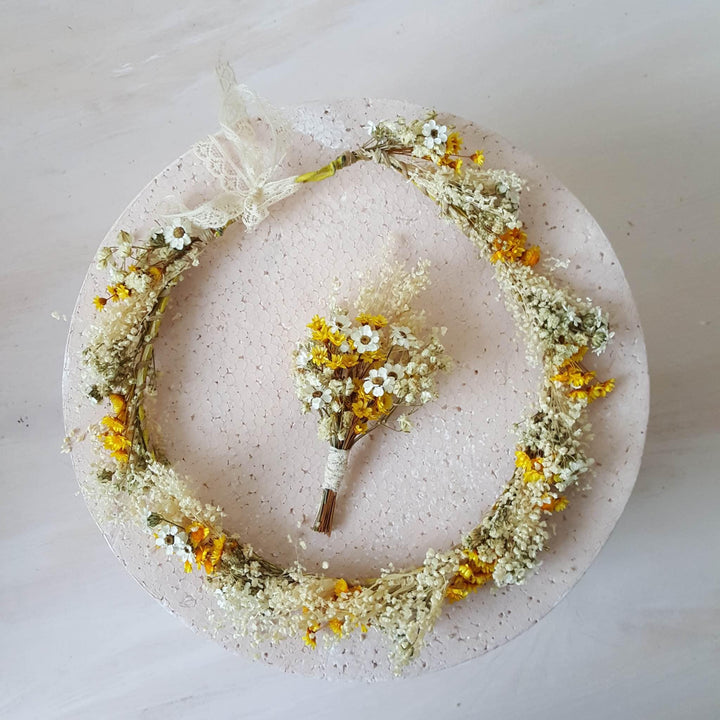 Yellow Ivory Flower Crown: Bridal Dried Floral Headpiece – handmade floral hair accessory by magaela