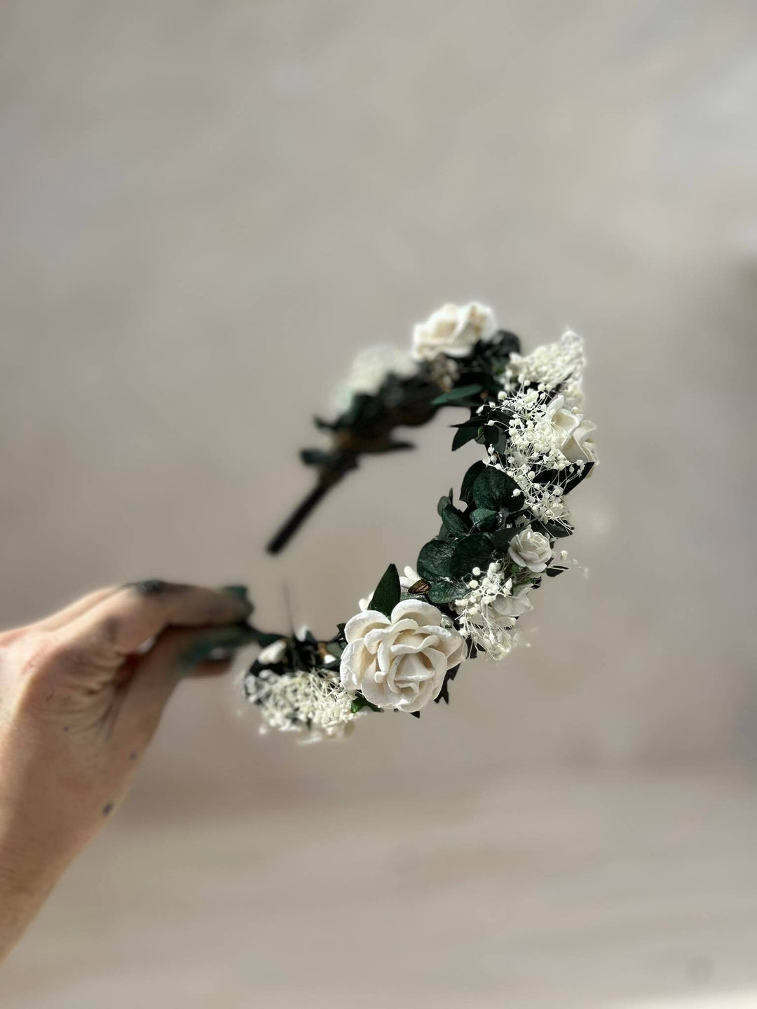 Eucalyptus & Ivory Rose Headband: Romantic Bridal Hair Crown – handmade floral hair accessory by magaela