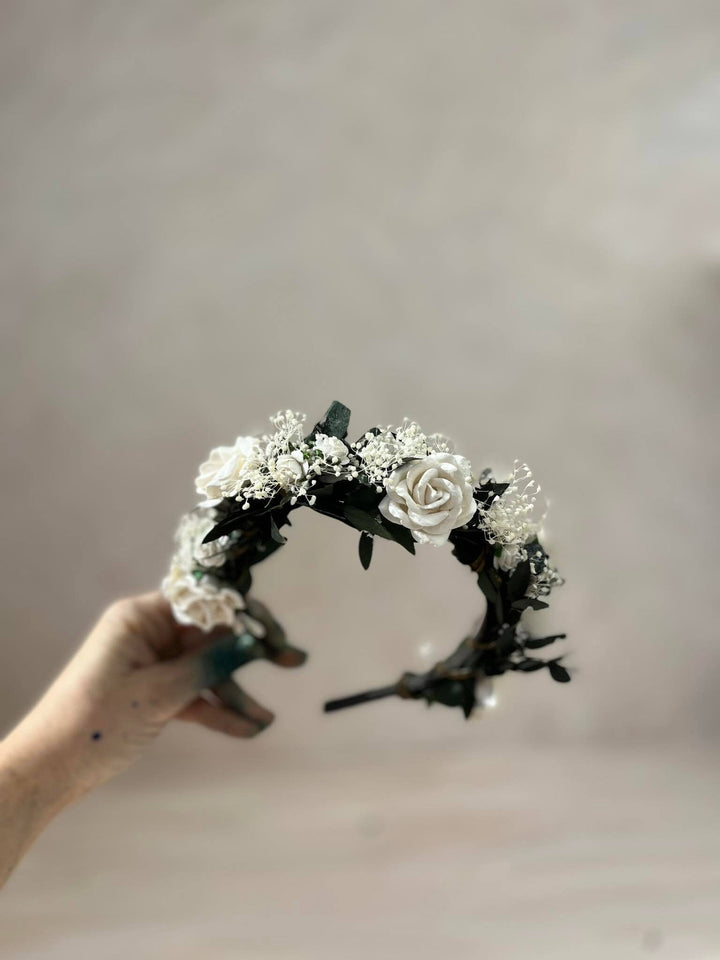 Eucalyptus & Ivory Rose Headband: Romantic Bridal Hair Crown – handmade floral hair accessory by magaela