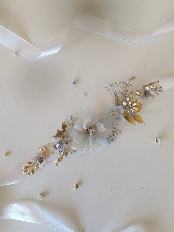 Vintage Mint & Gold Flower Belt: Cottagecore Bridal Accessory – handmade floral hair accessory by magaela