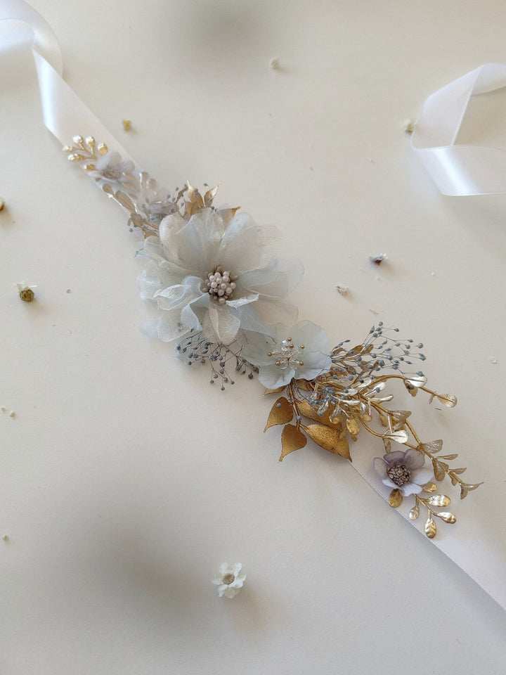 Vintage Mint & Gold Flower Belt: Cottagecore Bridal Accessory – handmade floral hair accessory by magaela