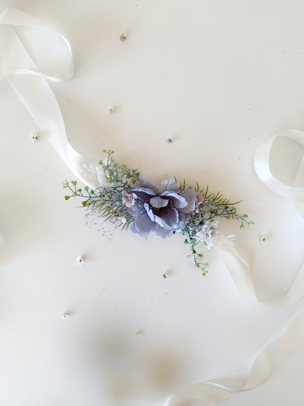 Blue Floral Bridal Belt: Boho Wedding Dress Accessory – handmade floral hair accessory by magaela