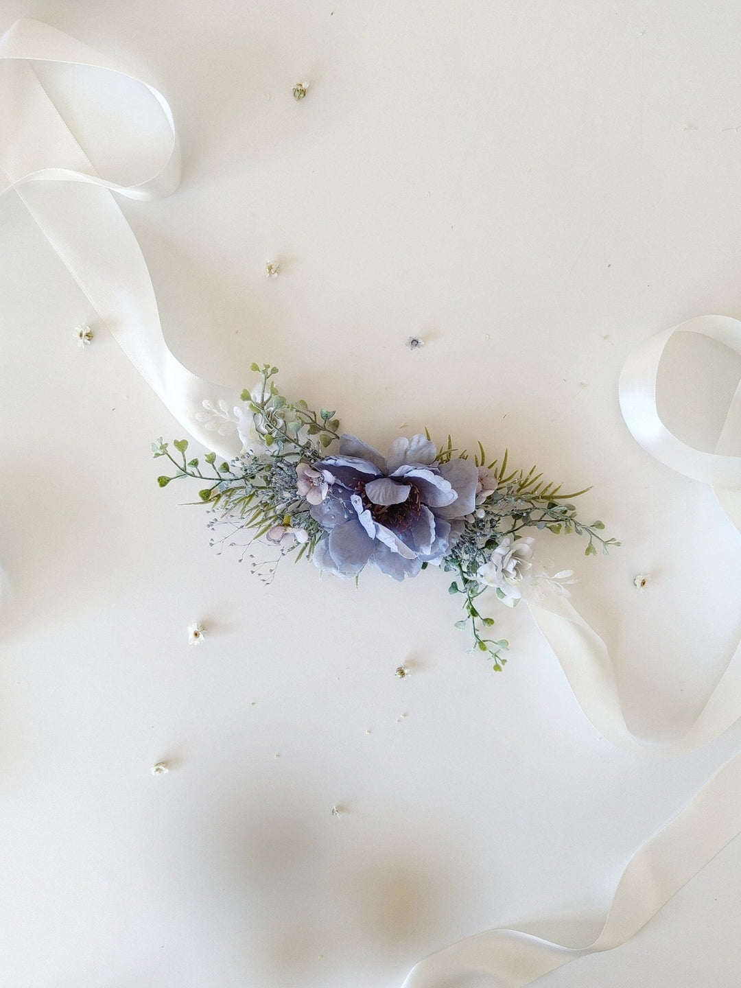 Blue Floral Bridal Belt: Boho Wedding Dress Accessory – handmade floral hair accessory by magaela