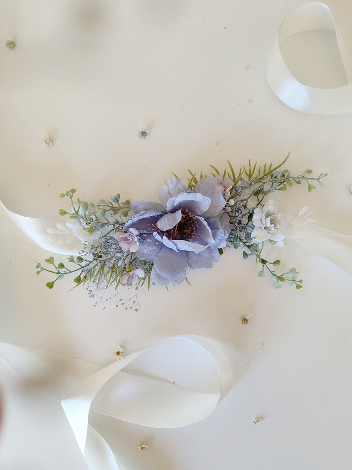Blue Floral Bridal Belt: Boho Wedding Dress Accessory – handmade floral hair accessory by magaela