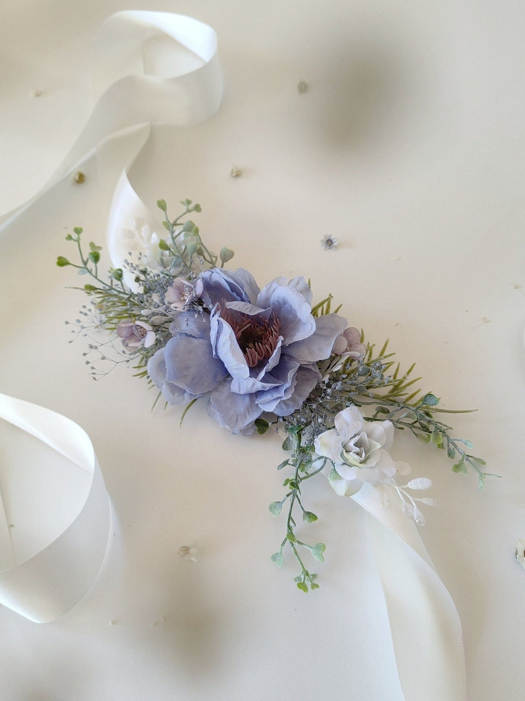 Blue Floral Bridal Belt: Boho Wedding Dress Accessory – handmade floral hair accessory by magaela