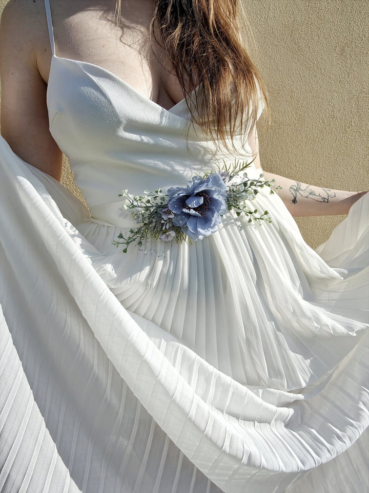 Blue Floral Bridal Belt: Boho Wedding Dress Accessory – handmade floral hair accessory by magaela