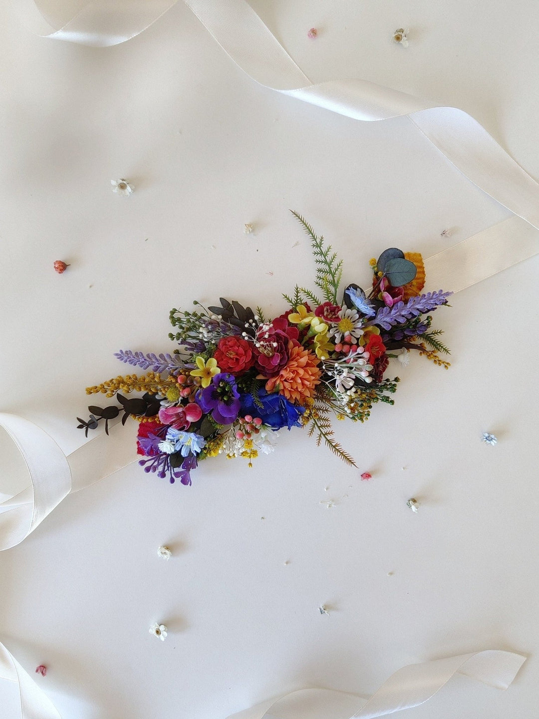 Wildflower Bridal Belt: Colorful Summer Wedding Sash – handmade floral hair accessory by magaela