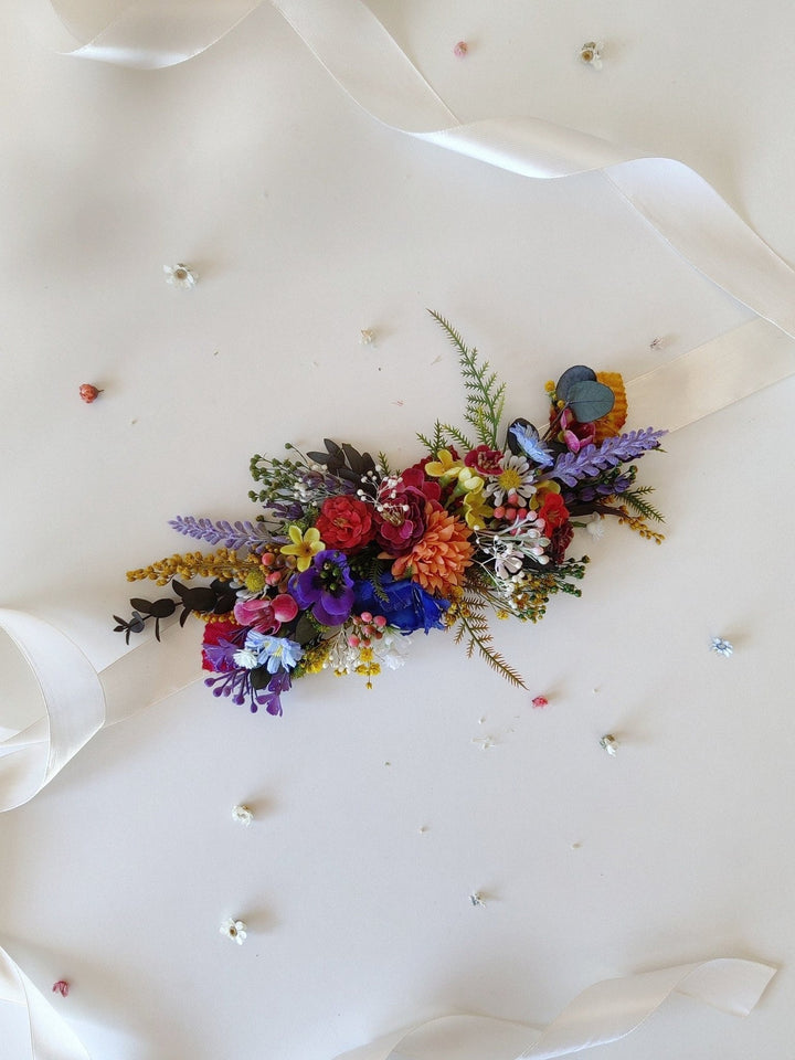 Wildflower Bridal Belt: Colorful Summer Wedding Sash – handmade floral hair accessory by magaela