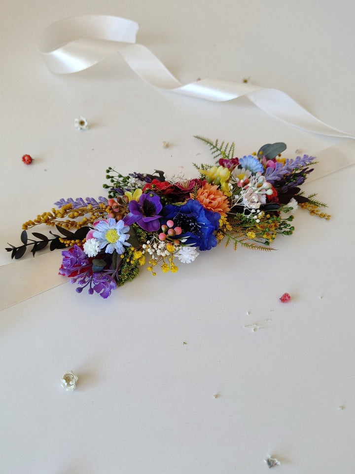 Wildflower Bridal Belt: Colorful Summer Wedding Sash – handmade floral hair accessory by magaela