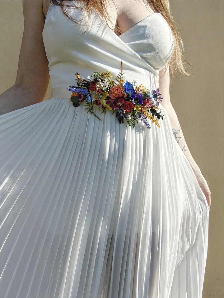 Wildflower Bridal Belt: Colorful Summer Wedding Sash – handmade floral hair accessory by magaela