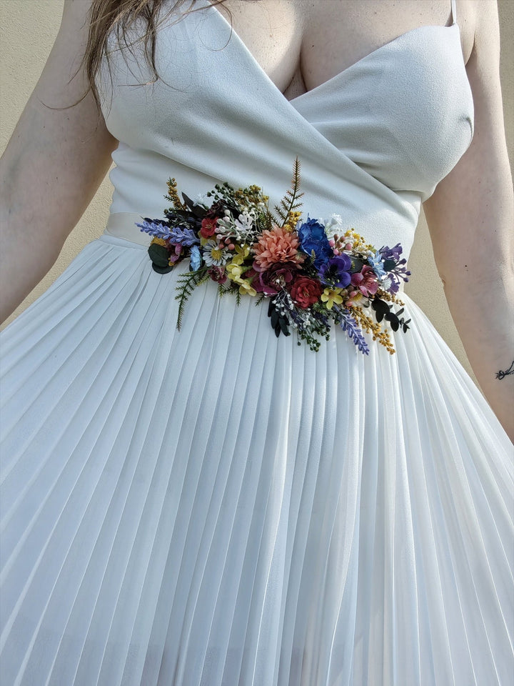Wildflower Bridal Belt: Colorful Summer Wedding Sash – handmade floral hair accessory by magaela
