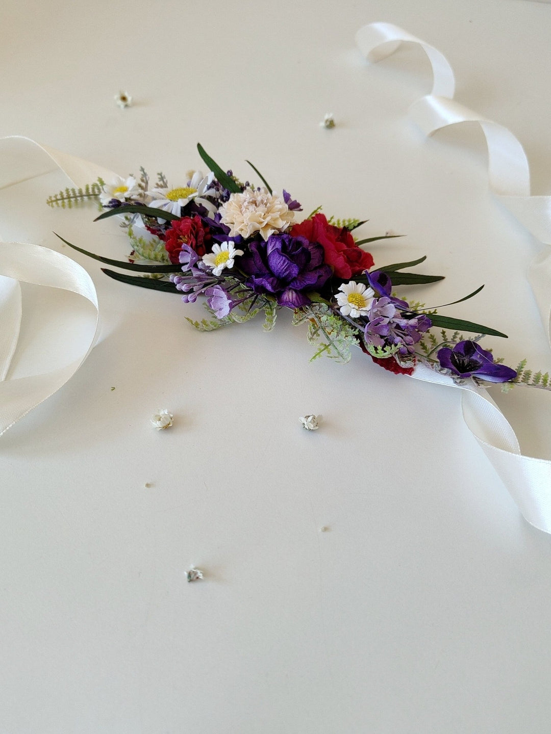 Daisy Bridal Flower Belt: Purple Meadow Wedding Dress Accessory – handmade floral hair accessory by magaela