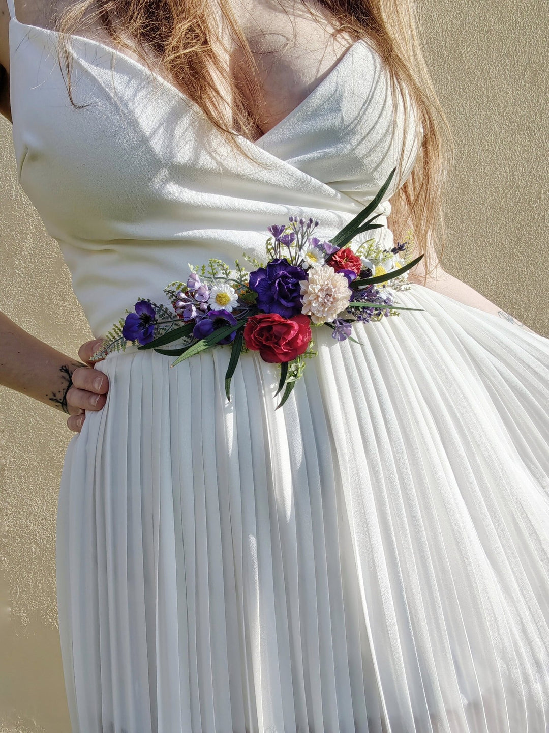 Daisy Bridal Flower Belt: Purple Meadow Wedding Dress Accessory – handmade floral hair accessory by magaela