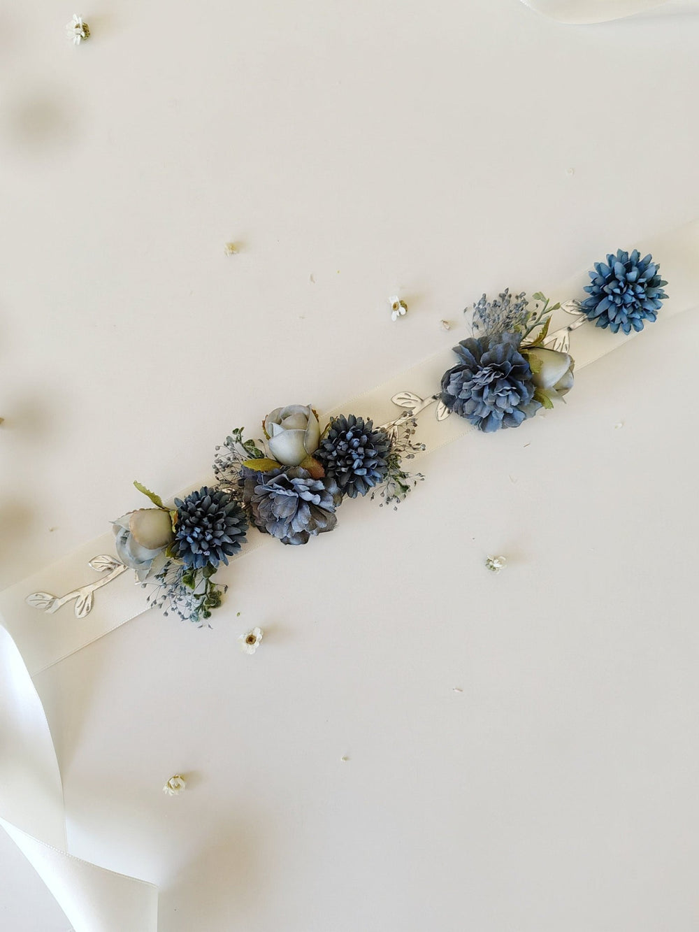 Blue Flower Bridal Belt: Vintage Wedding Sash, Silver Leaves – handmade floral hair accessory by magaela