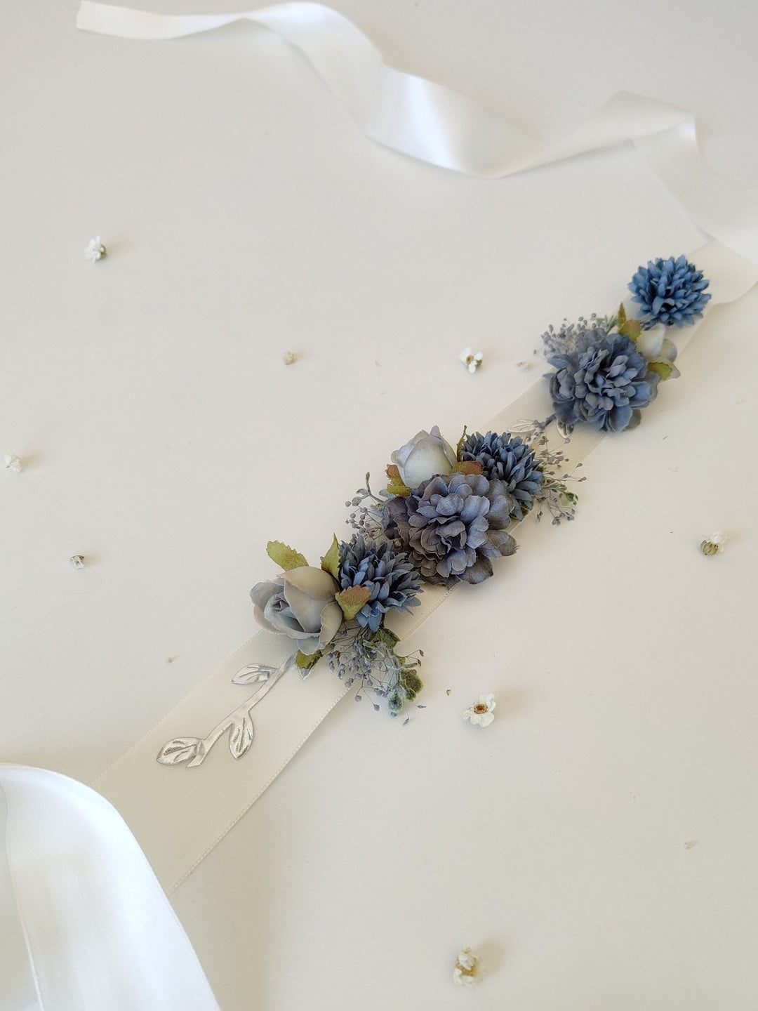 Blue Flower Bridal Belt: Vintage Wedding Sash, Silver Leaves – handmade floral hair accessory by magaela