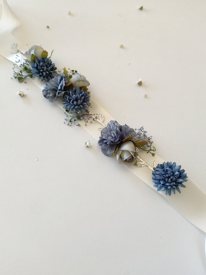 Blue Flower Bridal Belt: Vintage Wedding Sash, Silver Leaves – handmade floral hair accessory by magaela