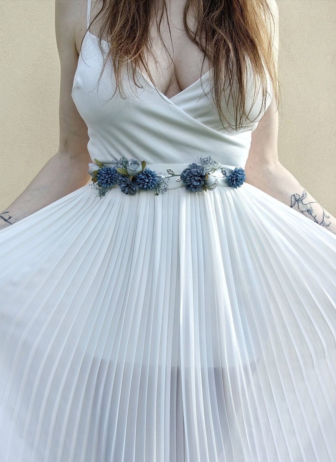 Blue Flower Bridal Belt: Vintage Wedding Sash, Silver Leaves – handmade floral hair accessory by magaela