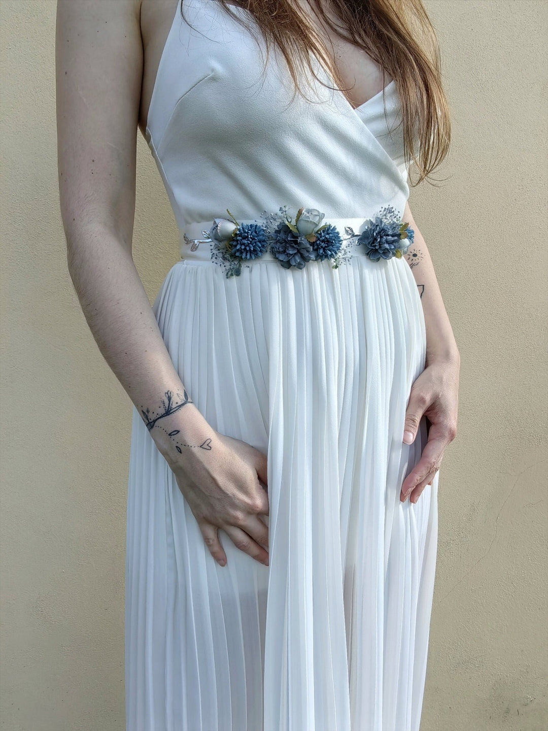 Blue Flower Bridal Belt: Vintage Wedding Sash, Silver Leaves – handmade floral hair accessory by magaela