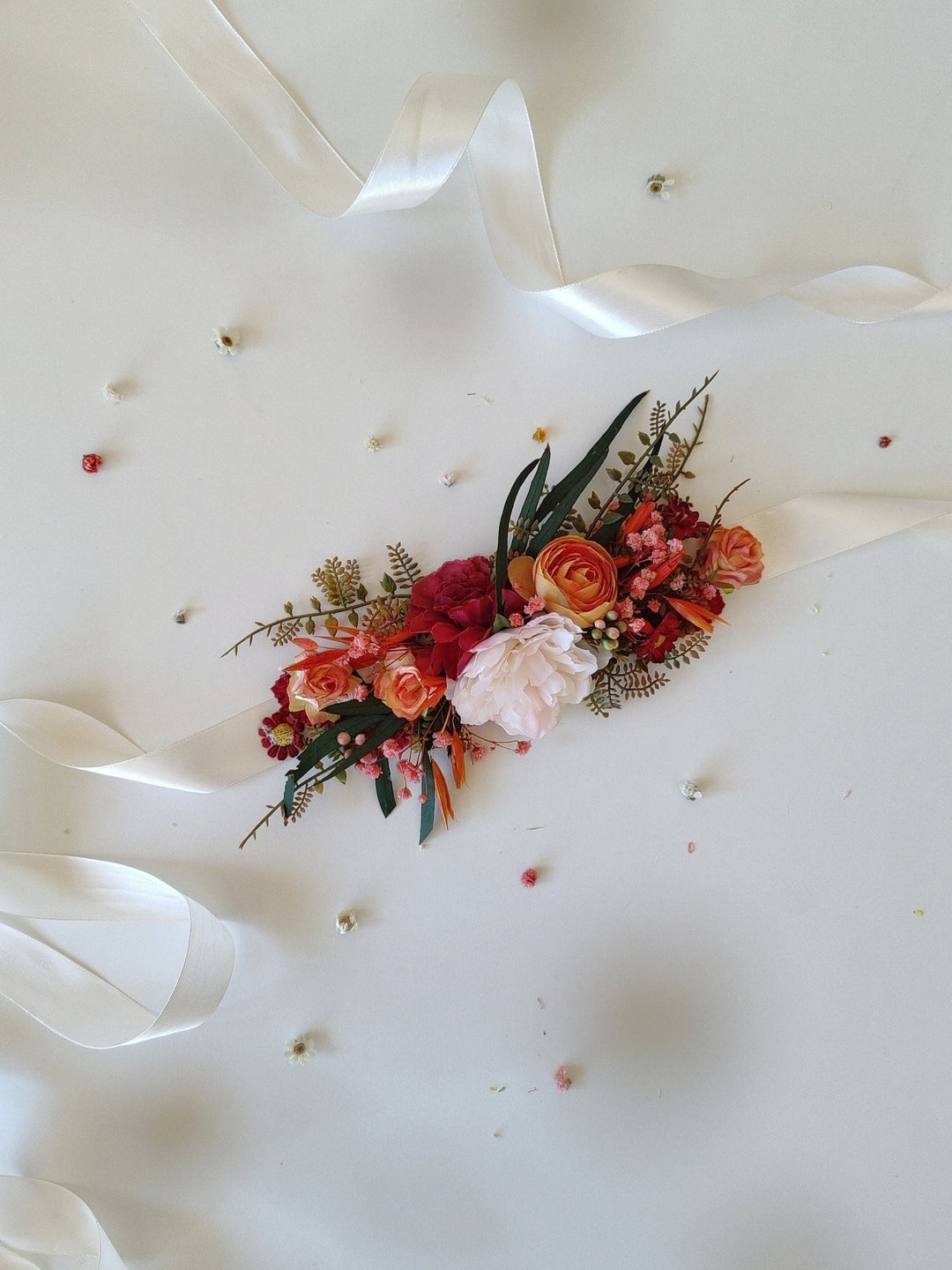 Orange Flower Bridal Belt: Boho Wedding Dress Accessory – handmade floral hair accessory by magaela