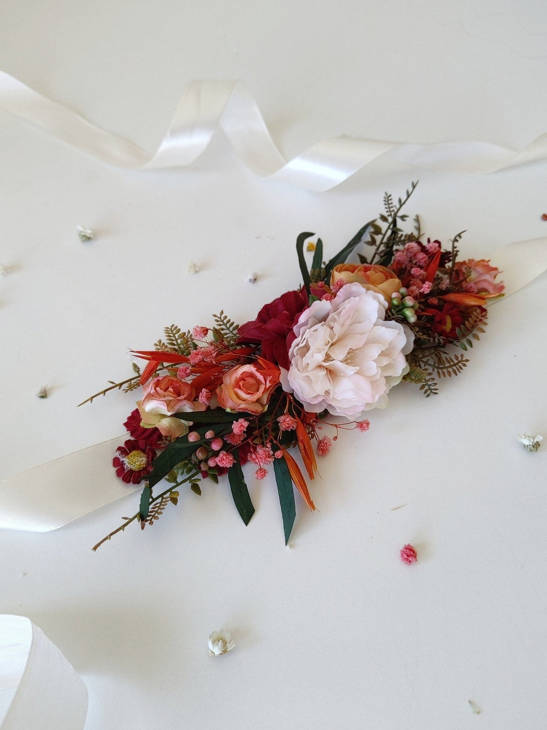 Orange Flower Bridal Belt: Boho Wedding Dress Accessory – handmade floral hair accessory by magaela