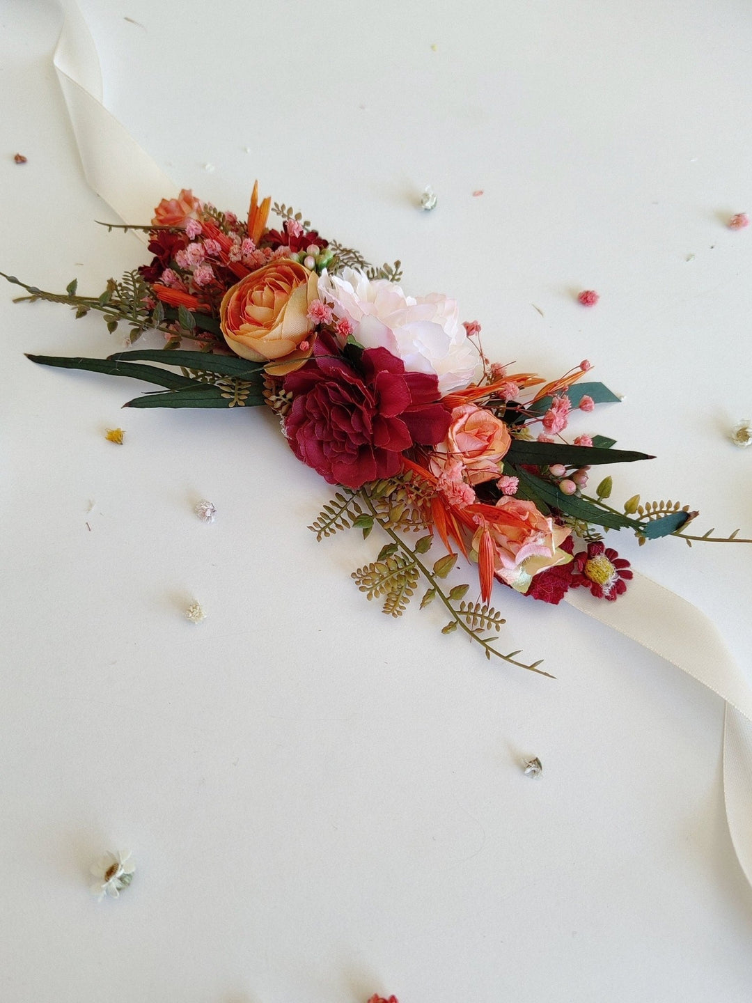 Orange Flower Bridal Belt: Boho Wedding Dress Accessory – handmade floral hair accessory by magaela