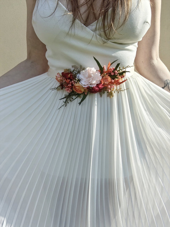 Orange Flower Bridal Belt: Boho Wedding Dress Accessory – handmade floral hair accessory by magaela