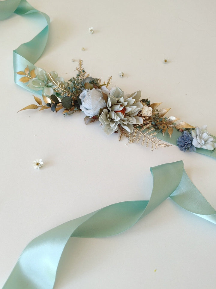 Mint Ribbon Flower Bridal Belt: Gold Accent Wedding Sash – handmade floral hair accessory by magaela